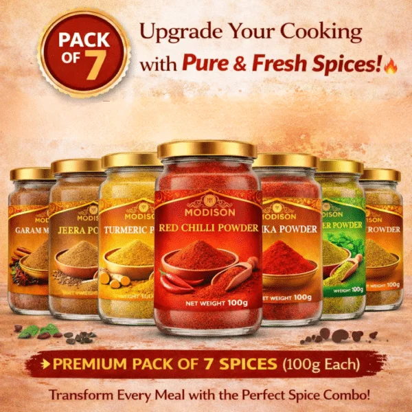 Modison Premium Pack of 7 Spices (100g Each) – Red Chilli, Turmeric, Coriander, Jeera, Garam Masala, Paprika & Black Pepper Powde